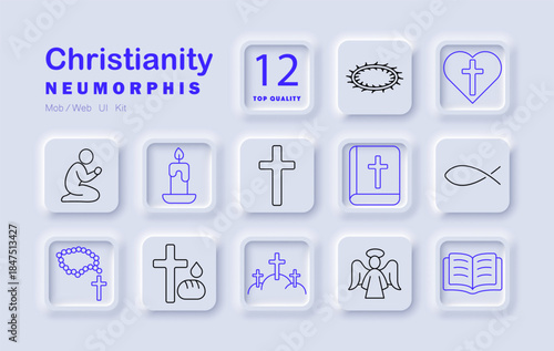 Christianity set icon. Cross, Bible, angel, fish, rosary, prayer, baptism, heart, candle, crown of thorns, grave, communion, worship religious symbols.