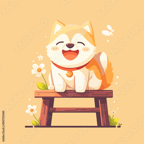 Adorable happy puppy sitting on a wooden stool in a field of flowers with butterflies.