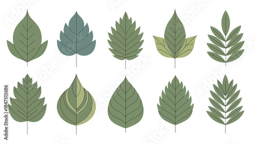 Ten stylized green and blue leaves arranged in two rows of five on a white background