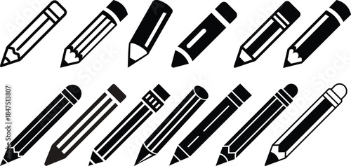 Black pencil silhouette writing tool vector drawing instrument education icon isolated graphic.Collection of vector icons for writing and artistic tools: pen, pencil, marker, paintbrush