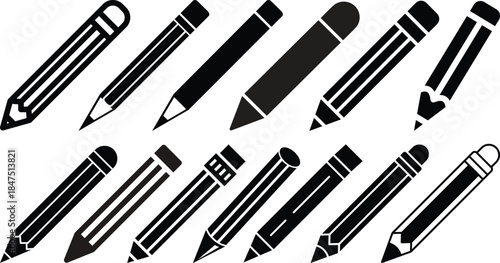 Black pencil silhouette writing tool vector drawing instrument education icon isolated graphic.Collection of vector icons for writing and artistic tools: pen, pencil, marker, paintbrush