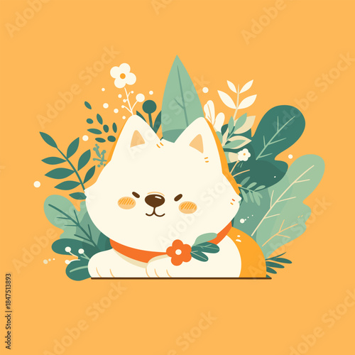 Cute White Dog with Floral Elements on Orange Background.