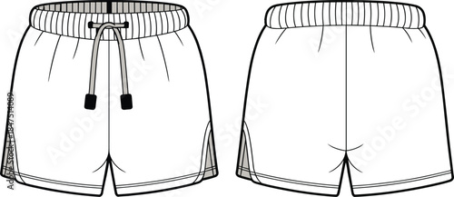 Athletic shorts technical sketch, front and back view, elastic waistband, drawstring detail, side panels, garment template, fashion mockup