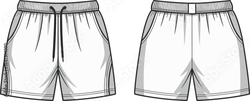 Athletic shorts front back view, fashion garment sketch, technical apparel drawing, elastic waistband, drawstring, side pockets, sportswear design