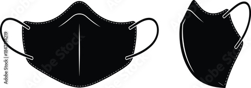 Black face mask illustration, front and side view, protective gear, health safety, vector graphic, personal equipment, silhouette design