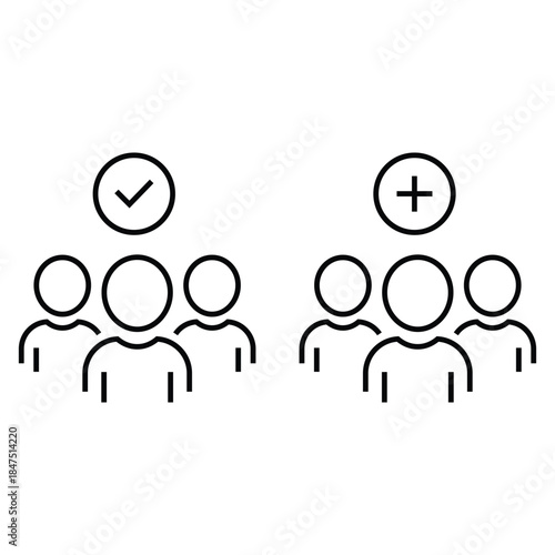 User avatar icon, membership line icons, add new user, profile symbol, team, community, clients and customers, group of people
