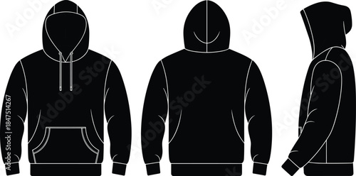 Black hoodie template, front back side view, fashion apparel mockup, casual wear design, garment silhouette, clothing vector illustration