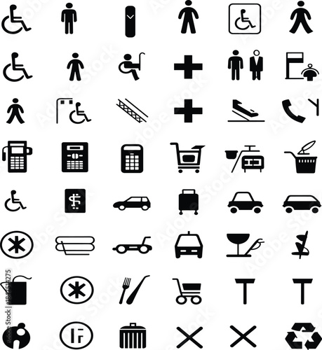 Black icon grid, public symbols, accessibility, restroom, transport, shopping, medical, food, UI elements, signage pack, vector illustration