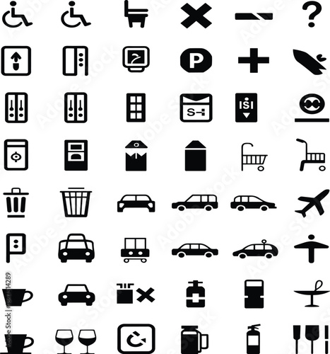 Black icon set, public signage symbols, transportation icons, UI elements, accessibility, restroom, shopping, medical, vector grid, graphic pack