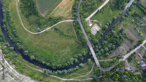 flying a drone above river in Old Orhei and river