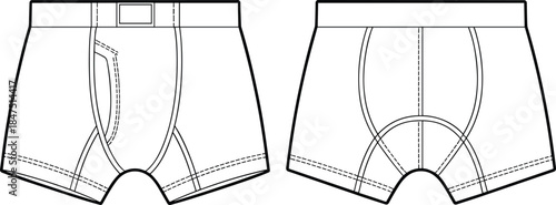 Boxer briefs template, front and back view, men’s underwear sketch, fashion flat, garment design, technical drawing, apparel vector