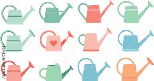 Set of flat vector watering cans in pastel colors for gardening, horticulture, spring plant care, and backyard farming icons.