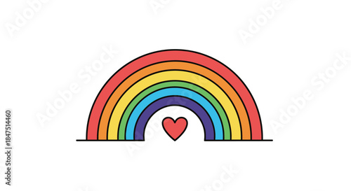 Colorful rainbow arch with a red heart symbol of love and hope on a white background.