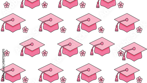 A cute vector seamless pattern featuring pink academic graduation caps with tassels and simple pink flowers for celebration and achievement designs.