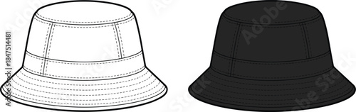 Bucket hat illustration, black and white, fashion accessory, headwear design, side by side view, vector sketch, apparel template