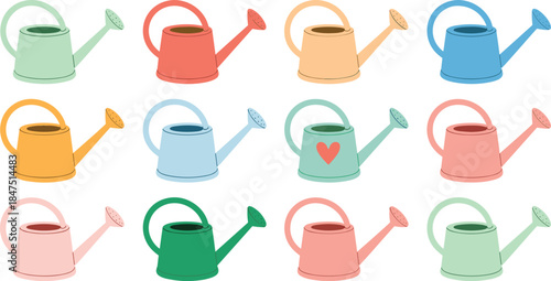 Set of various watering cans in pastel colors for garden maintenance, spring plant care, and backyard horticulture icons.