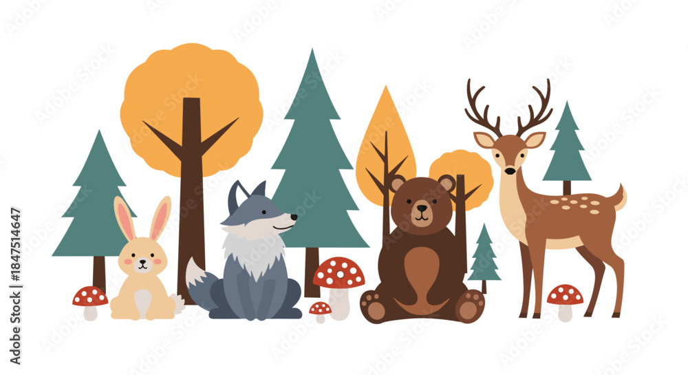 Naklejka premium Cute Forest Animals and Trees Illustration.