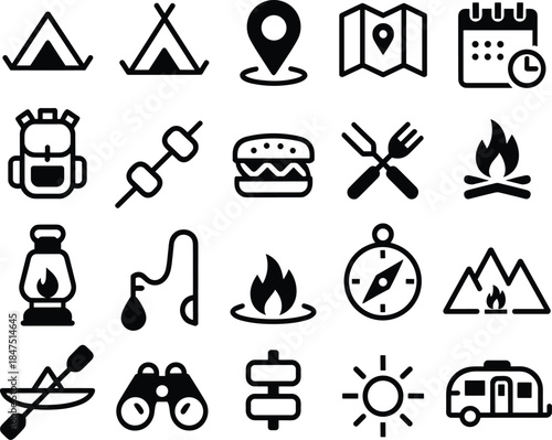Camping, outdoor, adventure, travel, tent, campfire, food, navigation, fishing, hiking, icons, black, silhouette, vector, gear, nature, equipment, recreation, wilderness, holiday
