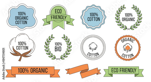 Collection of organic cotton and eco-friendly labels and badges.
