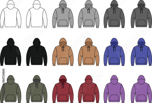 Colorful hoodie icon set, fashion apparel grid, sweatshirt variations, clothing design, casual wear vector, garment illustration