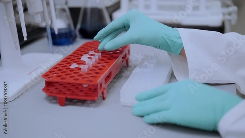 Middle aged blonde chemist in laboratory carefully preparing solution in test tube with pipette.