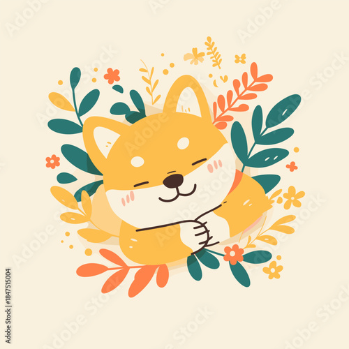 Cute Shiba Inu Dog Sleeping Peacefully Surrounded by Autumn Leaves and Flowers.