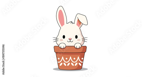 Cute White Bunny Peeking Out of a Decorated Clay Pot.