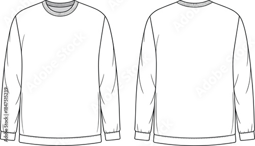 Crewneck sweatshirt flat sketch, long sleeve fashion template, technical garment illustration, apparel design vector, front back view drawing