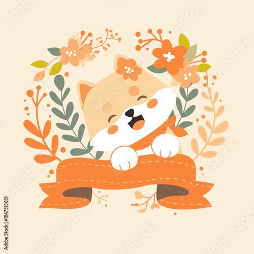 Cute Happy Shiba Inu Dog with Floral Frame and Orange Ribbon.
