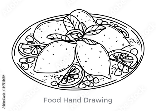 Exquisite Plate Sketch: A delicate hand-drawn illustration showcases a plate of culinary delight, featuring ripe lemons, herbs, and delectable fare, ready to be colored. 