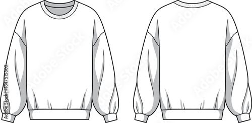 Crew neck sweatshirt template, front and back view, fashion sketch, puff sleeve garment, technical apparel drawing, vector illustration set