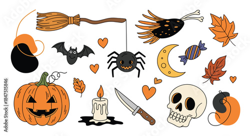 Spooky Halloween Collection with Pumpkins Bats Spiders and Skulls.