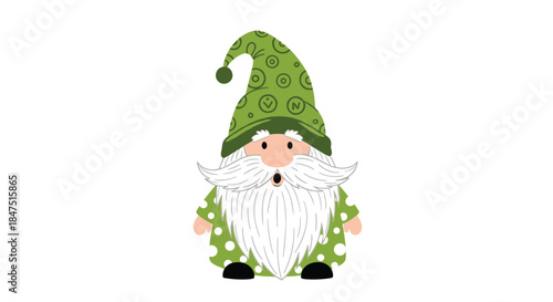 Whimsical Green Gnome with White Beard and Patterned Hat.