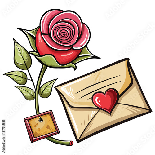 A romantic red rose lies atop a vintage paper letter and envelope, creating a beautiful floral gift for Valentine's Day