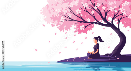 Serene Woman Meditating Under Cherry Blossom Tree by Water.