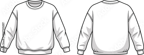 Crewneck sweatshirt technical sketch, front and back view, fashion flat drawing, garment template, apparel design, vector outline, ribbed cuffs