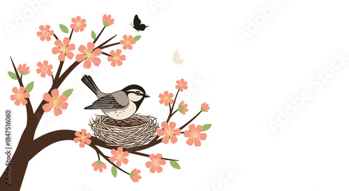Bird in Nest on Cherry Blossom Tree with Butterflies.