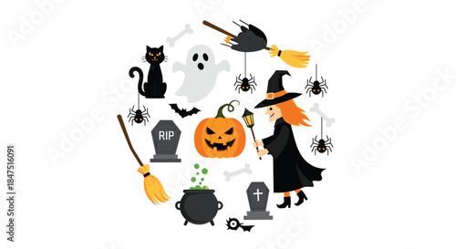 Halloween Elements Collection with Witch Pumpkin Ghost and Spiders.