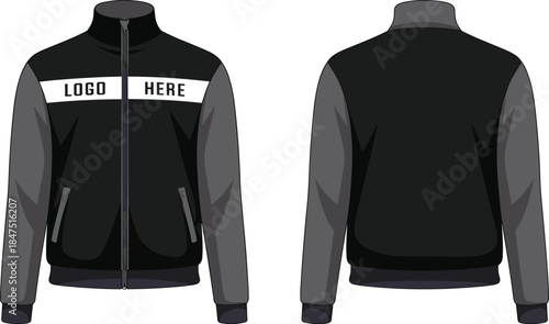 Custom jacket technical sketch, front and back view, fashion flat drawing, branding template, apparel design, vector outline, high collar