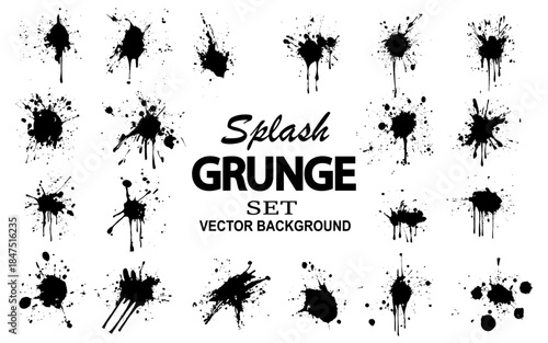 Ink drops and splashes. Blotter spots, liquid paint drip drop splash and ink splatter. Artistic dirty grunge abstract spot  set. Illustration monochrome drip splash, splat messy inkblot