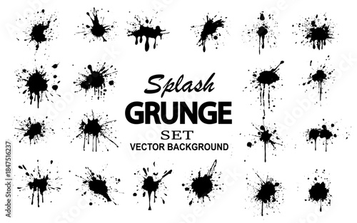 Ink drops and splashes. Blotter spots, liquid paint drip drop splash and ink splatter. Artistic dirty grunge abstract spot  set. Illustration monochrome drip splash, splat messy inkblot