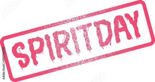 Commemorative pink SPIRITDAY text with a distressed appearance inside a rectangular grunge stamp
