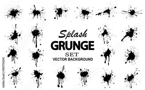 Grunge ink splatter. Splash of paints, spray drops staining and frame with wet paint drop traces  set. Illustration splash and drip design, silhouette blob spray collection