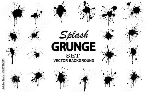 Grunge ink splatter. Splash of paints, spray drops staining and frame with wet paint drop traces  set. Illustration splash and drip design, silhouette blob spray collection