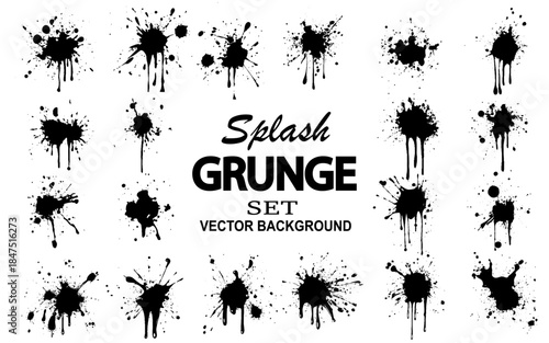 Grunge ink splatter. Splash of paints, spray drops staining and frame with wet paint drop traces  set. Illustration splash and drip design, silhouette blob spray collection