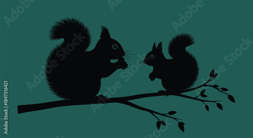 Two squirrels are silhouetted on a branch against a teal background.
