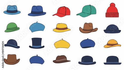 Collection of various hats, including fedoras, top hats, berets, and baseball caps, presented in a clean, illustrative style against a white background
