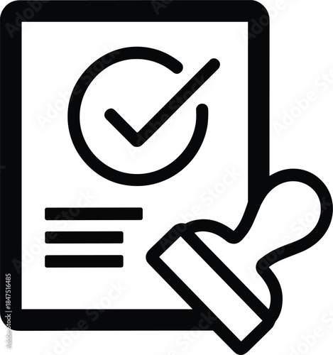 Document approval icon, certified file symbol, verification stamp graphic, official validation vector, black white design, authorized document