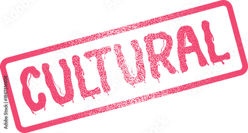 Bright pink rectangular stamp featuring the word CULTURAL in a textured grunge style