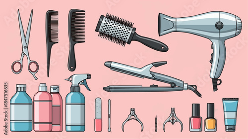 Collection of hairdressing and beauty tools, including scissors, combs, brushes, hair dryer, straighteners, and nail care items